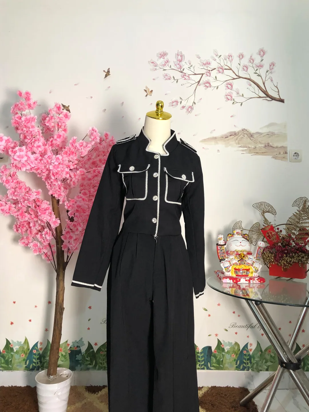 Setelan jaket kulot hitam list putih — baju thrift preloved