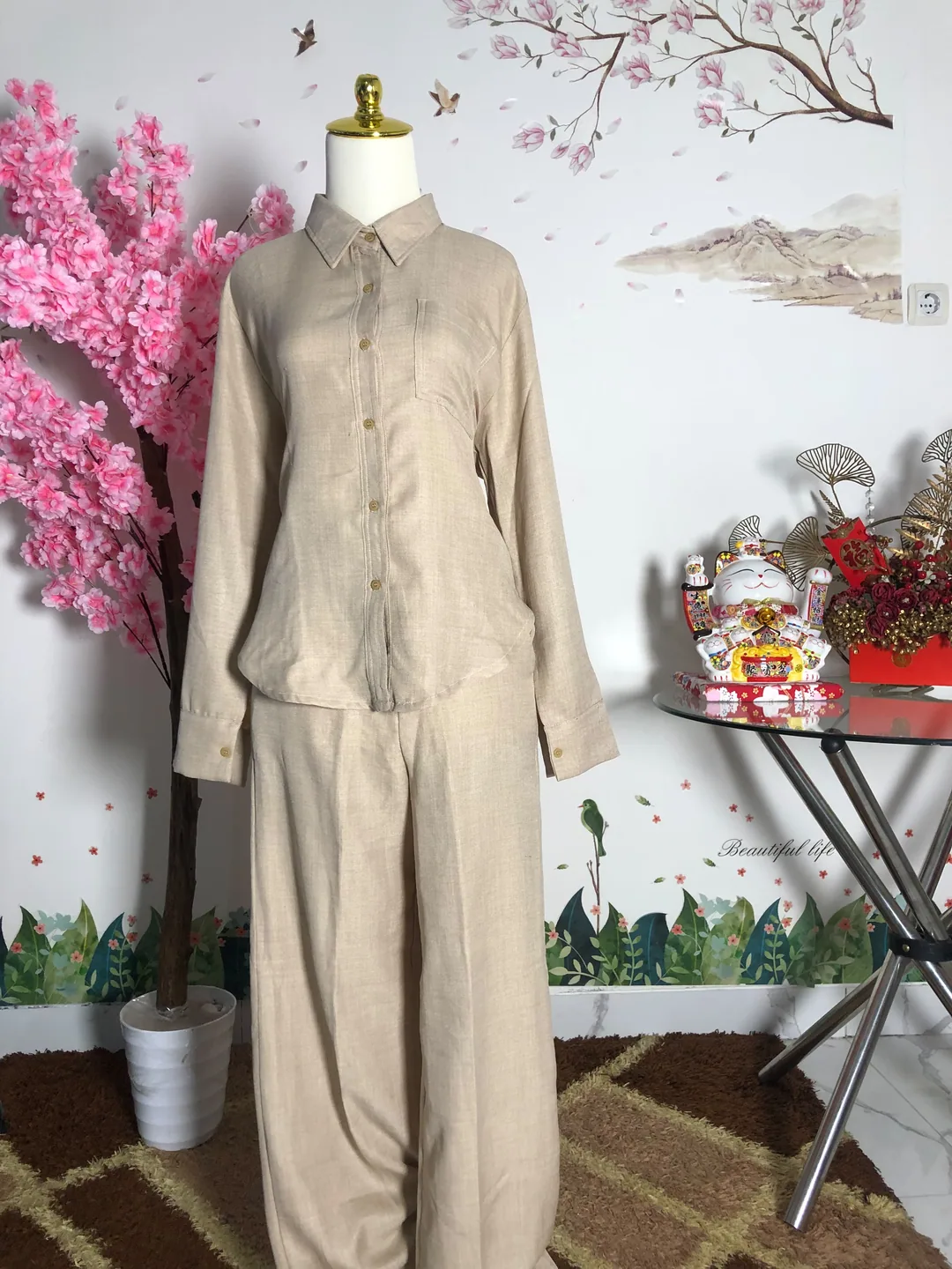 Setelan kemeja celana kulot krem — baju thrift preloved