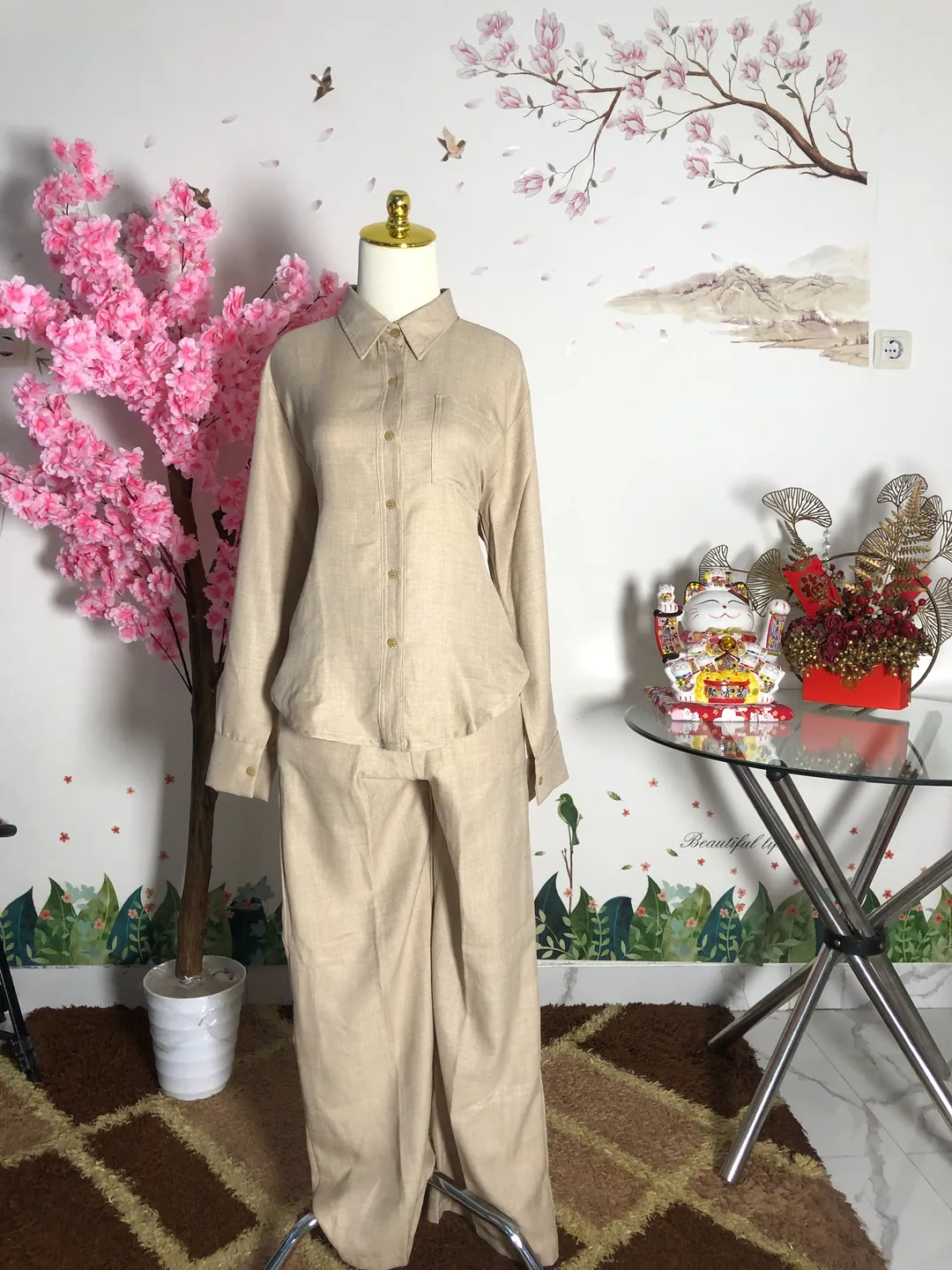 Setelan linen kemeja celana panjang krem — baju thrift preloved