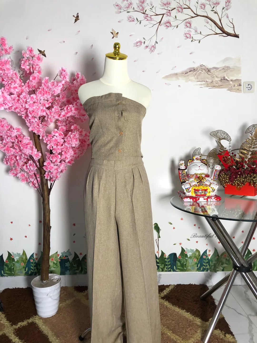Setelan tube top celana kulot coklat — baju thrift preloved