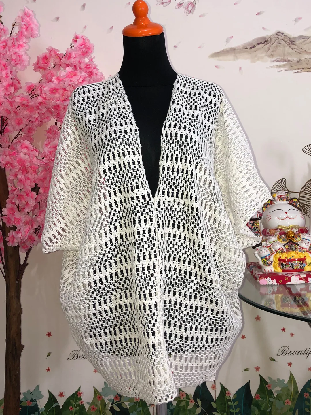 Outer rajut jaring putih model kimono — baju thrift preloved