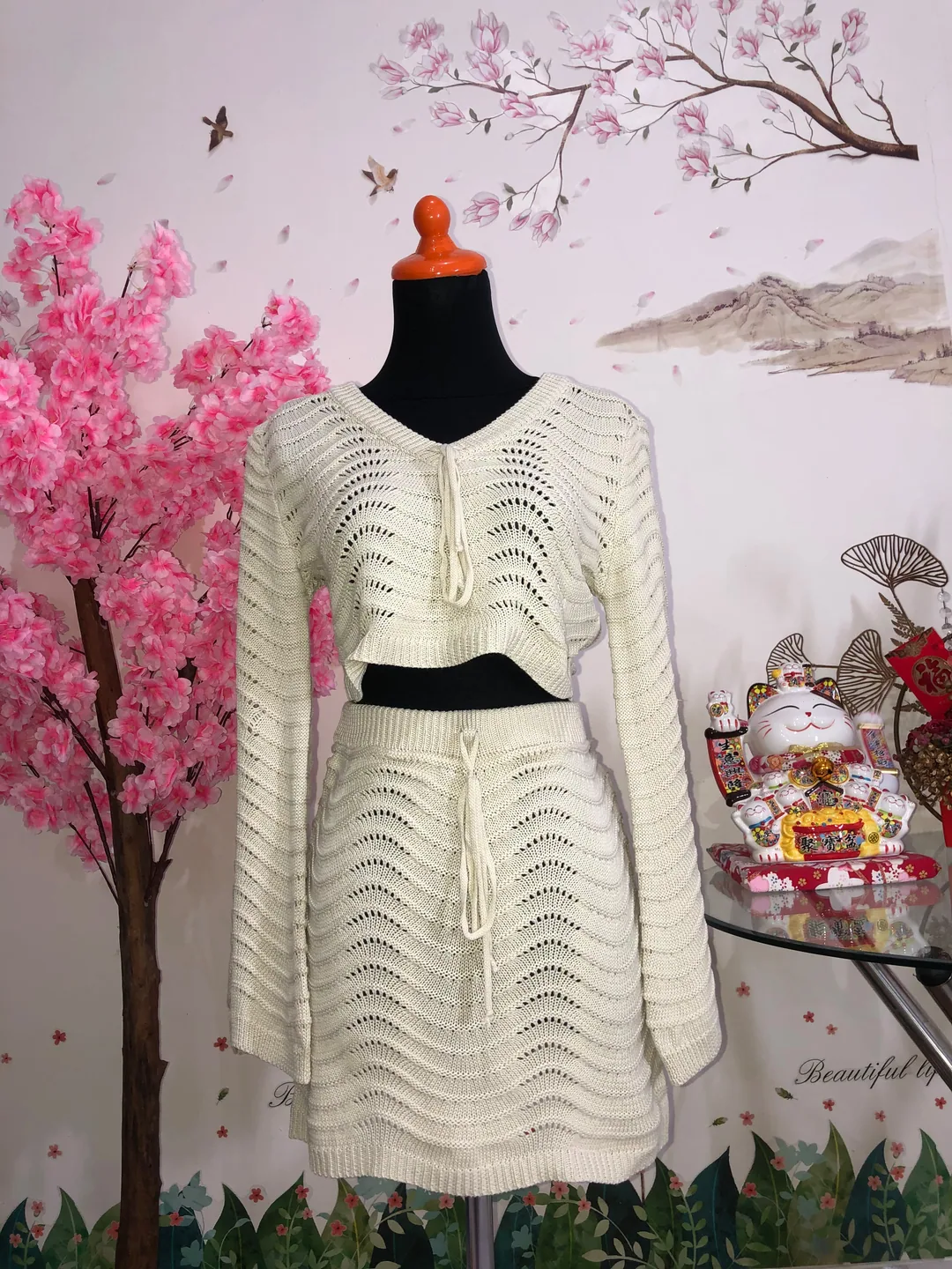Set rajut motif gelombang (crop + rok) — baju thrift preloved