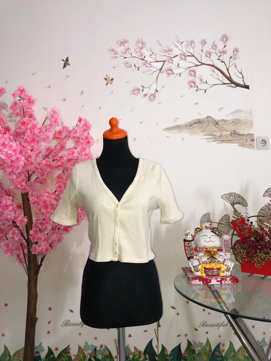Kardigan rib crop lengan pendek cream — baju thrift preloved