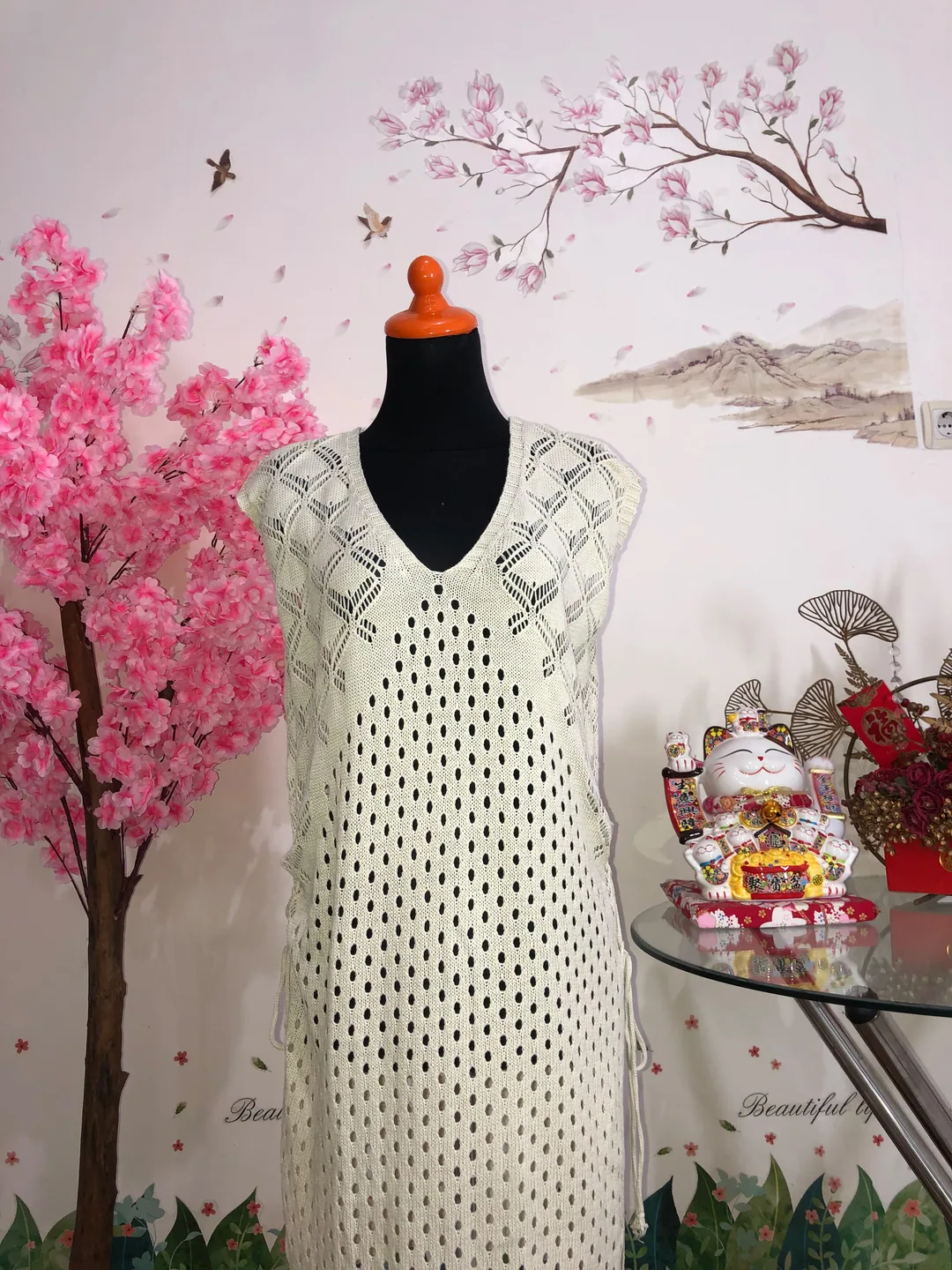 Dress rajut jaring cream — baju thrift preloved