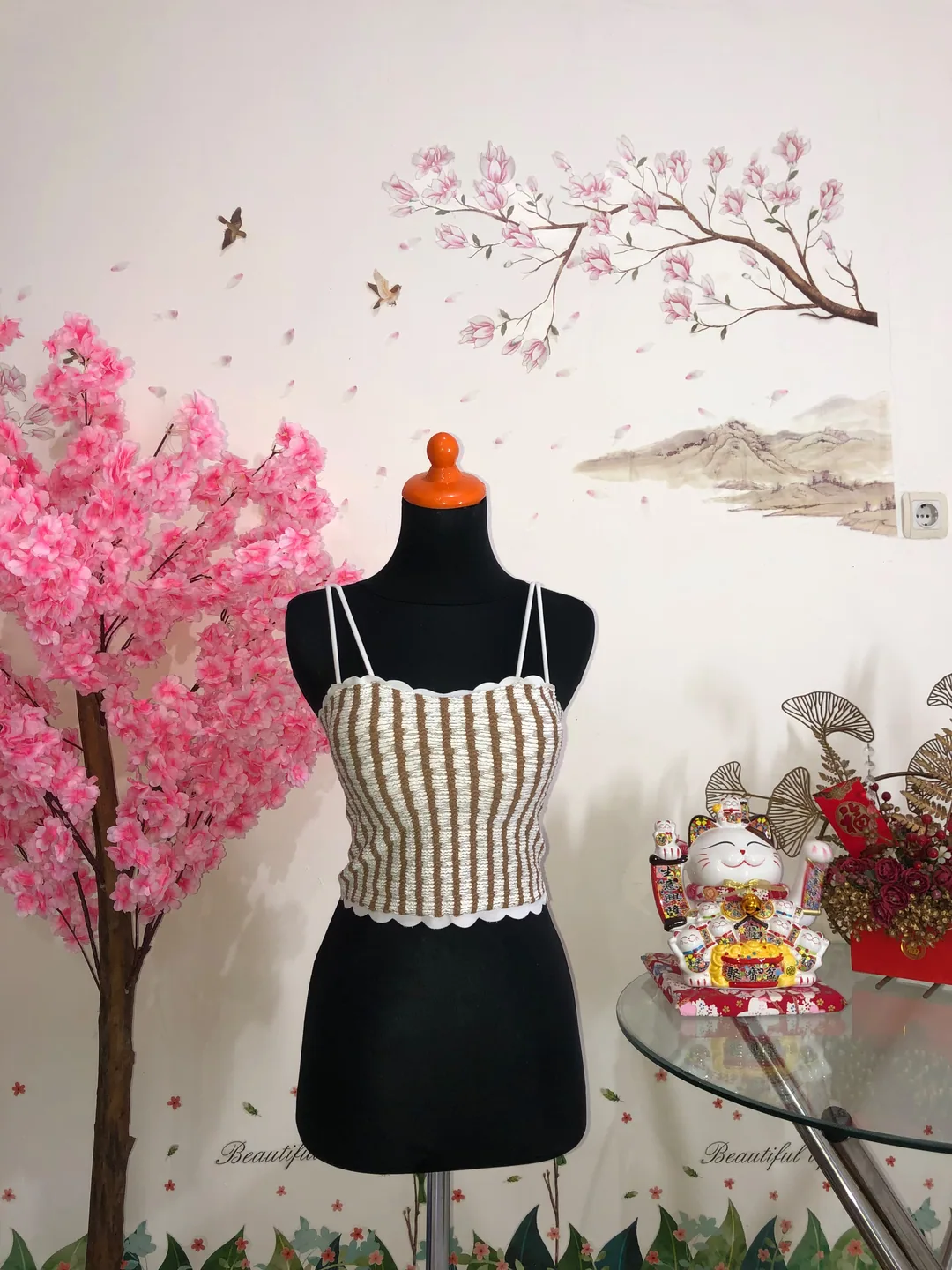 Cami rajut salur cokelat-putih — baju thrift preloved