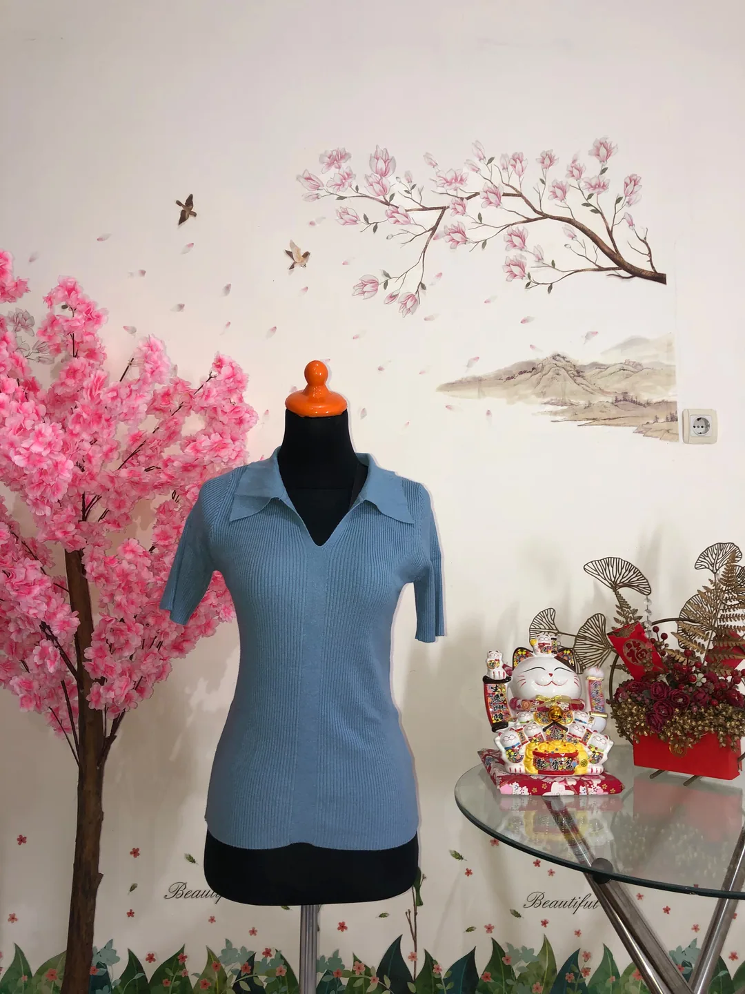 Atasan rajut rib kerah polo biru — baju thrift preloved