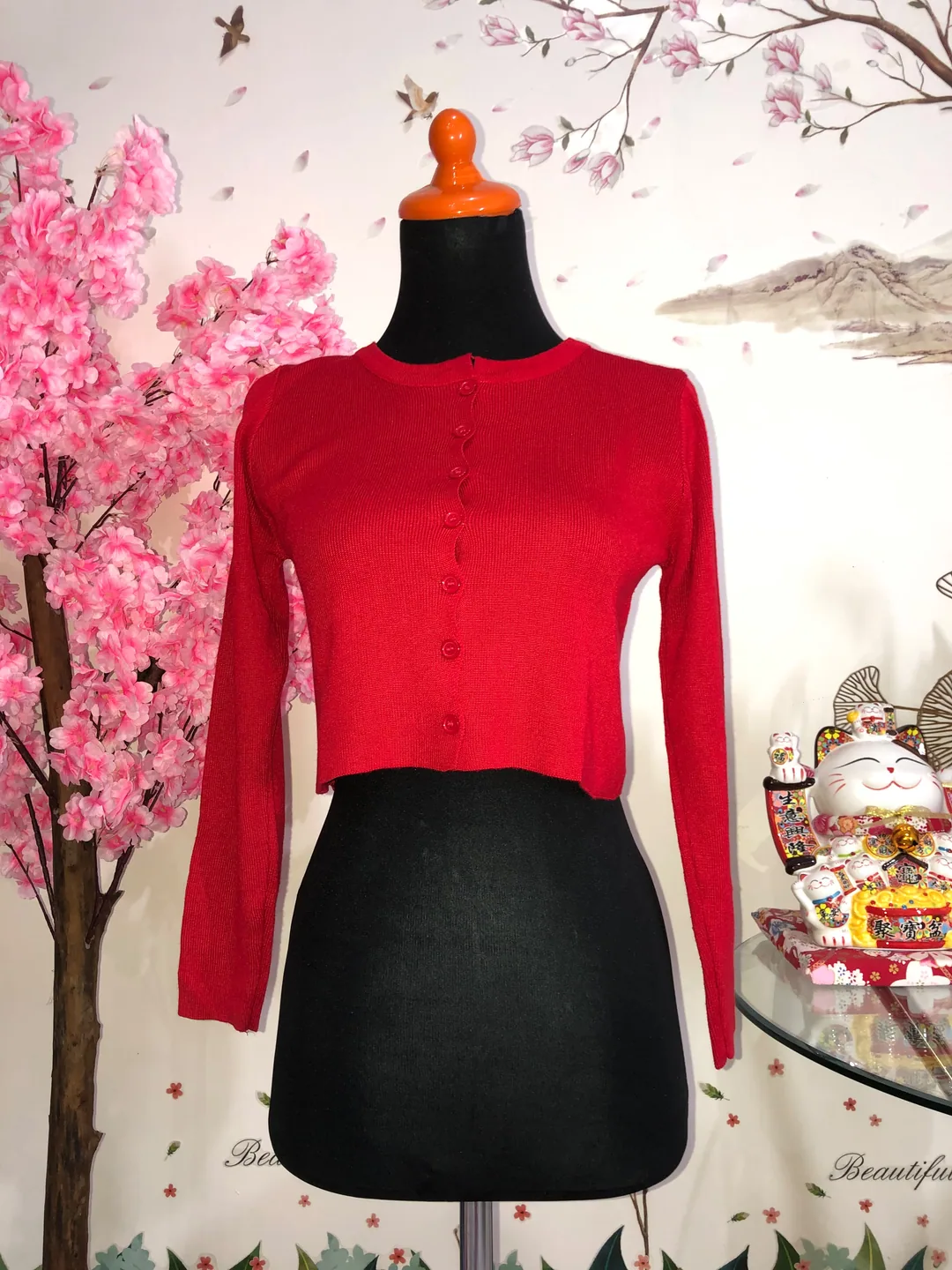 Kardigan crop rajut merah — baju thrift preloved