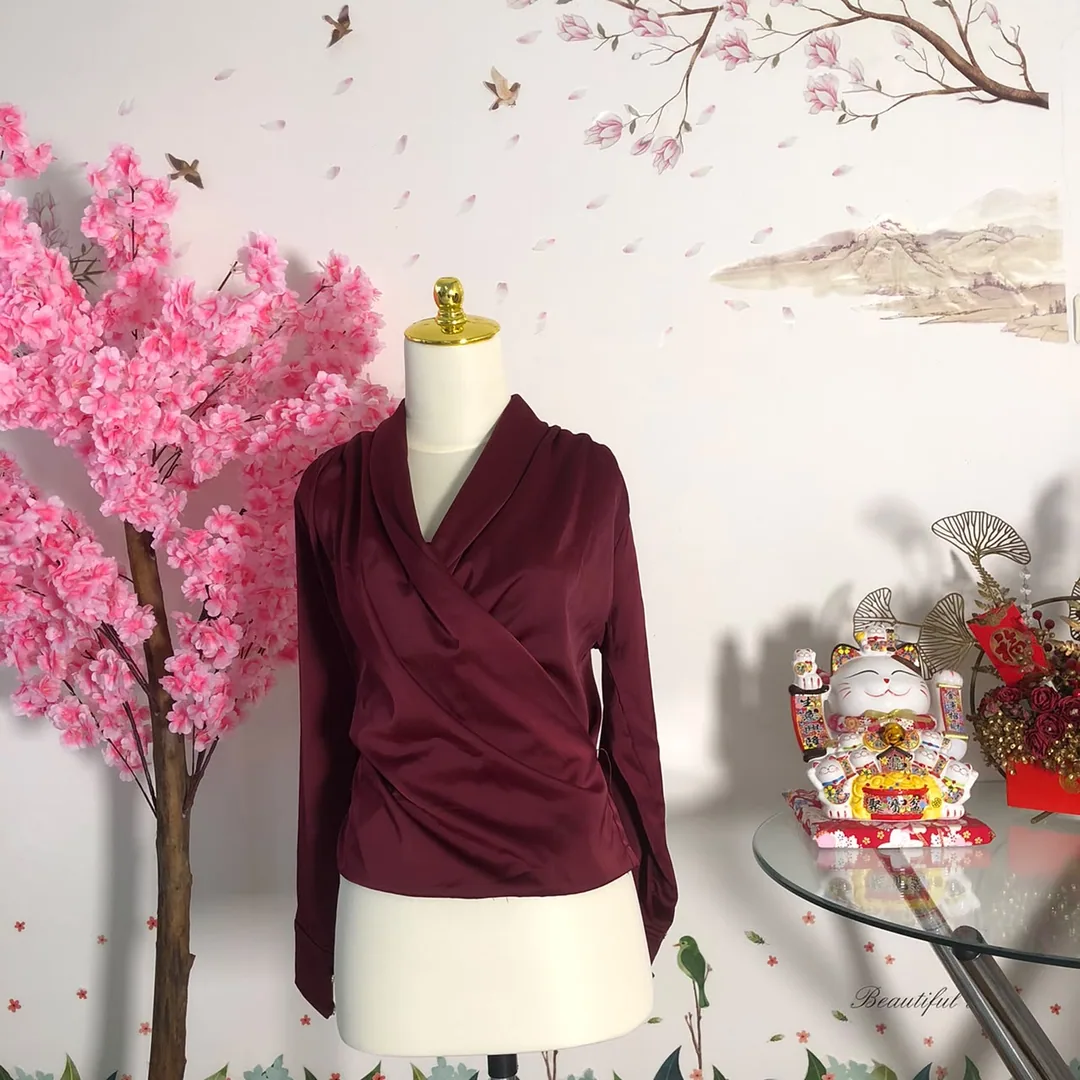 Blouse wrap lengan panjang maroon — baju thrift preloved