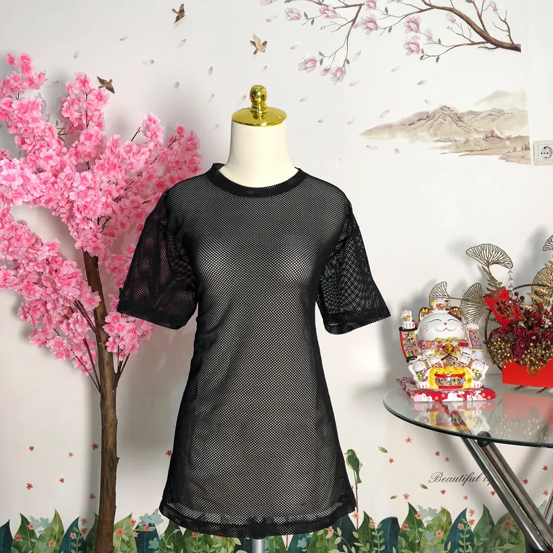 Atasan jaring lengan pendek hitam — baju thrift preloved