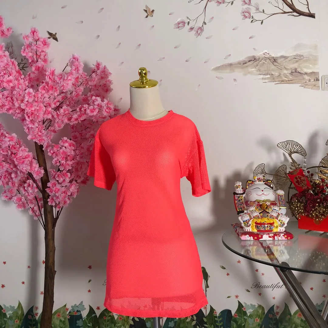 Kaos jaring mesh oversize neon coral — foto 1 dari 2