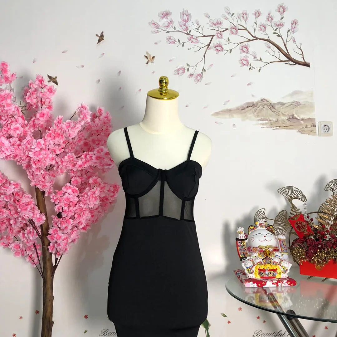 Dress bodycon korset mesh hitam — baju thrift preloved