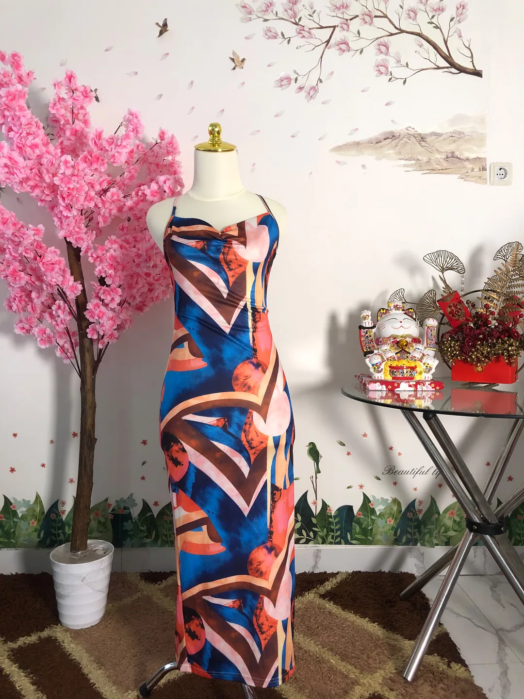 Dress maxi motif abstrak biru oranye — baju thrift preloved