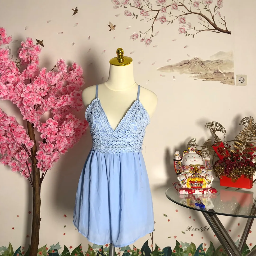 Dress mini rajut tali biru muda — baju thrift preloved