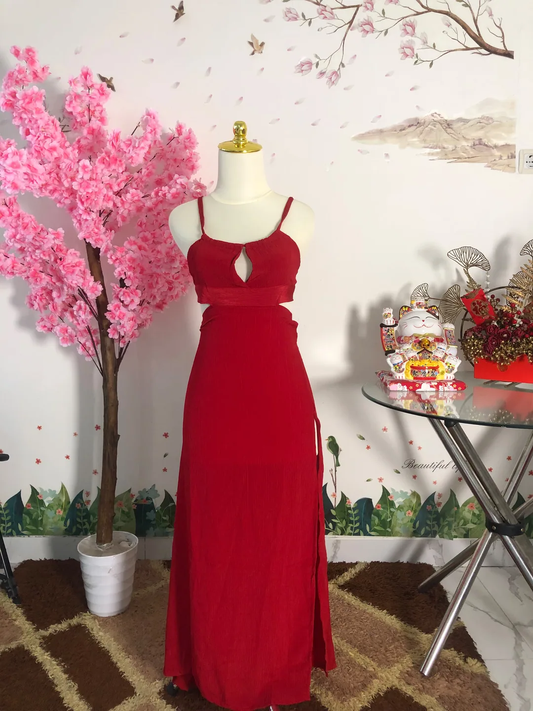 Dress panjang tali cutout merah — baju thrift preloved