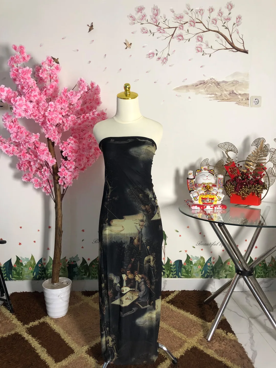 Dress tube panjang motif lukisan hitam — baju thrift preloved